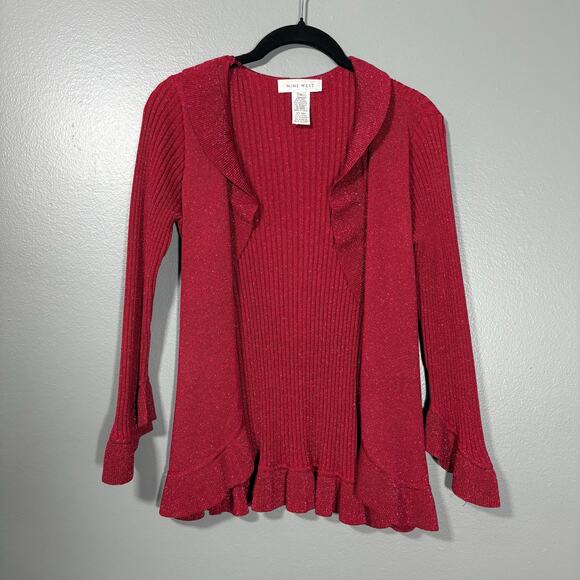 Nine West Women's Red & Gold Sparkle Ruffle Silk Cardigan Sweater - Size Small - Picture 1 of 5